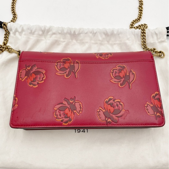 Coach Callie Foldover Chain Clutch With Floral Print Leather Red Apple - Picture 6 of 16